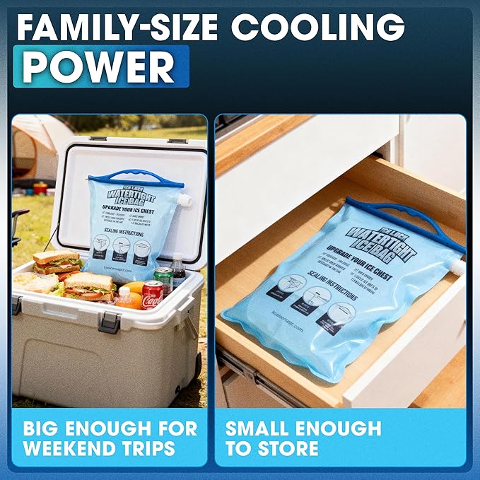 Large Leakproof Ice Bag. Reusable Ice Pack for Cooler - Long Lasting Instant Cooler Ice Packs - Drop in Cubed Ice to Make Cold, Dry Freezer Packs for Coolers - Drink Your Ice When It Melts